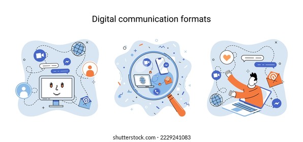 Formatos de comunicación digital metáfora, contenido en línea y transmisión en redes sociales. Resumen de las noticias modernas y conexión a sitios web. Software de código abierto conversación unificada tecnología moderna