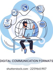 Formatos de comunicación digital metáfora, contenido en línea y transmisión en redes sociales. Resumen de las noticias modernas y conexión a sitios web. Software de código abierto conversación unificada tecnología moderna