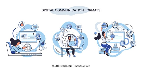 Digital communication formats metaphor, content online data and social media streaming. Abstract modern news feed and website connection. Open sourse software unified conversation modern technology