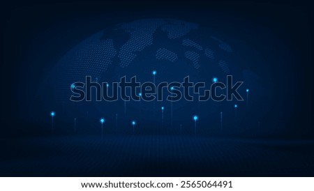 Digital communication global concept, cyber cloud network big data visualization. Futuristic world map with digital technology interface. 
