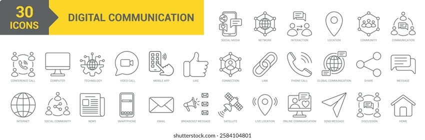 Digital Communication icon collection set. Containing social media, like, internet, message, social community, technology, email, link, satellite, communication, location icon. Simple line vector