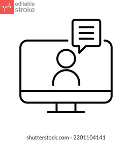 Symbol für digitale Kommunikation. Webinar-Bildschirm. Videokonferenz über Computer-App. Virtuelles oder Online-Training, menschliche Figur mit Chat. Bearbeitbare Strich-Vektorgrafik. Design auf weißem Hintergrund EPS10