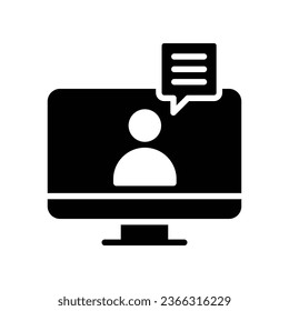 Digital communication icon. Webinar screen. Video conference on computer app. Virtual or Online training, human figure with chat. Glyph pictogram vector illustration. Design on white background EPS 10