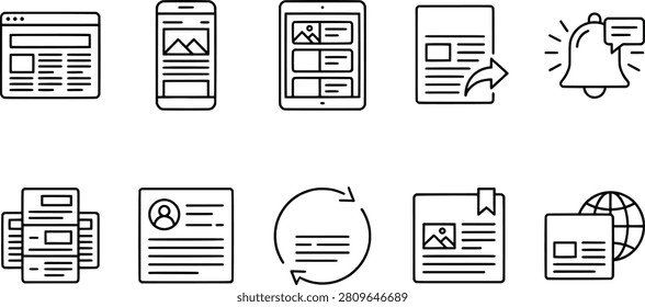 Digital communication icons, webpage layout, smartphone image, tablet grid, share document, notification bell, profile page, refresh sync, globe web
