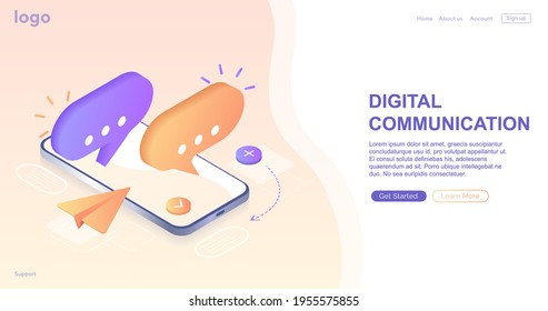 Digital communication. Instant messenger vector illustration concept,  mobile smartphone and laptop for chatting in social media. Can use for landing page, template, web,  banner, homepage. Isometric