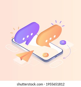 Digital communication. Instant messenger vector illustration concept,  mobile smartphone and laptop for chatting in social media. Can use for landing page, template, web,  banner, homepage. Isometric