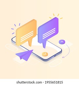 Digital communication. Instant messenger vector illustration concept,  mobile smartphone and laptop for chatting in social media. Can use for landing page, template, web,  banner, homepage. Isometric