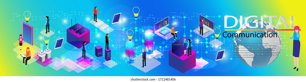 Digital communication makes business work fast. Concept of digital technology. Teamwork for business success with fast digital technology and communication. Vector illustration.