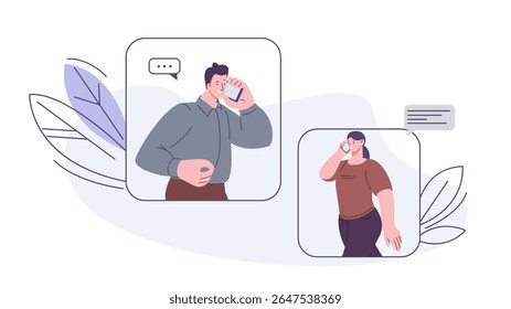 Comunicação digital. Conversa no celular, conversando com namorado ou esposa. As pessoas falam sobre smartphone, diálogo, flerte, mensagens vetor cena