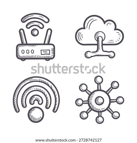 Digital Communication and Network Technology Icons - Router, Cloud, WiFi, and Nodes