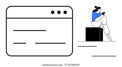 Comunicación digital, aprendizaje en línea, trabajo remoto, experiencia de usuario, Diseño web, tecnología. Diseño minimalista de una ventana del navegador y un usuario con un teléfono inteligente. Comunicación digital y en línea