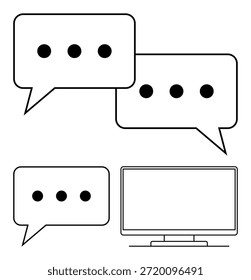 Digital communication, online messaging, remote work, customer support, social media interaction, tech platforms. Chat bubbles with ellipses and a computer monitor. Digital communication and online