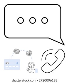 Digital communication, online payment, customer support, remote transactions, financial tech, contactless services. Speech bubble, credit card phone and money icons. Online payment and customer
