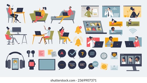 Digital communication and remote online work tiny person collection set. Elements with distant job conversation and interaction with colleagues vector illustration. Webinar and videocall technology.