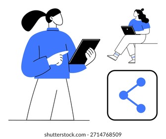 Comunicación digital, trabajo remoto, colaboración en línea, uso de la tecnología, intercambio de contenidos, redes sociales. Dos personas interactuando con tabletas, compartir icono. Comunicación digital y trabajo a distancia