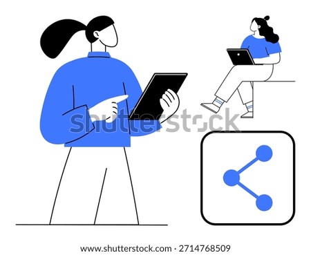Digital communication, remote work, online collaboration, technology usage, content sharing, social networking. Two people interacting with tablets, share icon. Digital communication and remote work