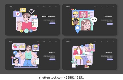 Conjunto de comunicación digital. Participar con equipos remotos a través de videoconferencia, streaming de diversas reacciones, dinámicos webinars y chats personales a través de webcam. Ilustración vectorial plana.