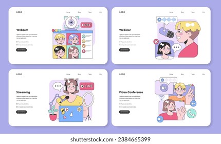 Digital Communication set. Users interact through webcam, webinars, streaming, and video conferences. Playful characters engaging online. Flat vector illustration