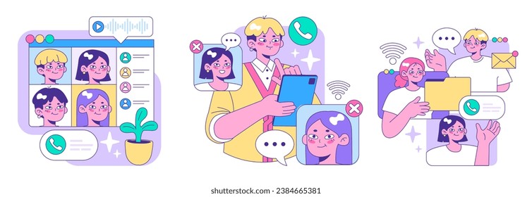 Digital Communication set. Youth engaging in video calls, online chats, and messaging. Video conference, online communication, and social media engagement. Flat vector illustration