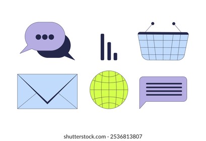 Digital communication social network 2D cartoon objects set. Online media analysis. Basket. Messaging email isolated elements flat vector cliparts on white background. Spot illustrations collection