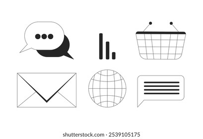 Digital communication social network black and white 2D line objects set. Online media analysis. Messaging email isolated clip arts vector outline items collection. Monochrome spot illustrations