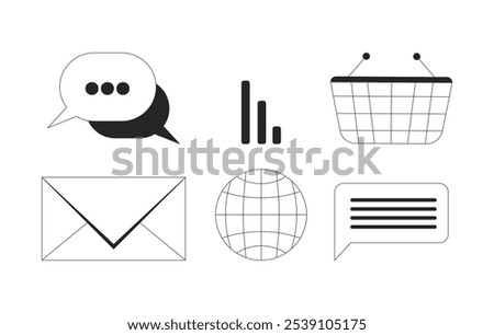 Digital communication social network black and white 2D line objects set. Online media analysis. Messaging email isolated clip arts vector outline items collection. Monochrome spot illustrations