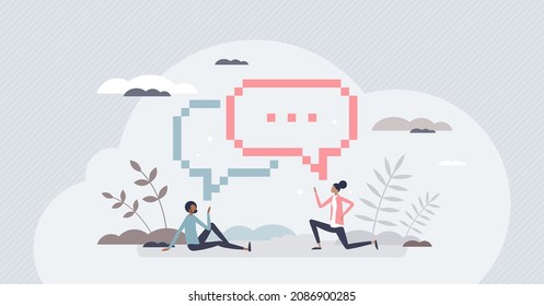 Digital communication and talk using online chat messages tiny person concept. SMS technology service for cellphone text conversation vector illustration. Modern social interaction and content send.