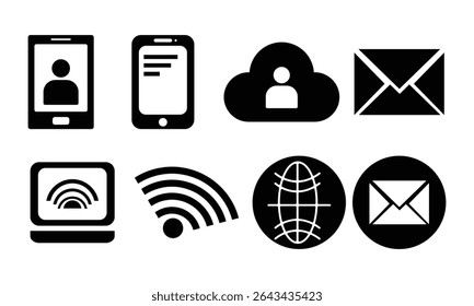 Icons für digitale Kommunikation und Technologie - Schwarz-Weiß-Vektorgrafik-Set für modernes UI- und Netzwerkdesign
