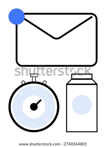 Digital communication, time tracking, notification systems, minimalism, task organization, and delivery services. Enveloped with notification, stopwatch and milk carton. Communication and time