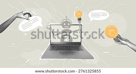 Digital communication. Trendy halftone collage. An artificial intelligence robot emerging from a laptop screen, with human hands holding a lightbulb with an idea and a chat bubble. Abstract concept of innovation and future technologies. Vector illustration