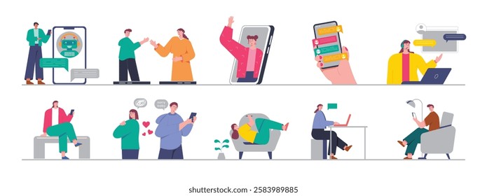 Digital communication using phone, virtual network. Design character. Vector flat illustration packs