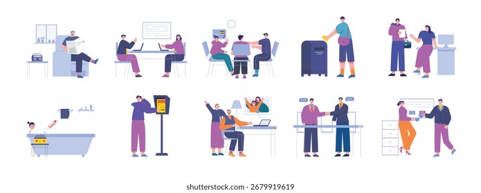 Digital communication with various devices, casual or corporate talking. Design character. Vector flat illustration