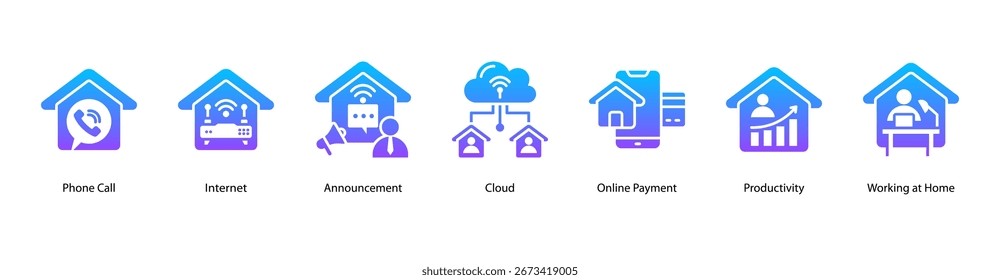 Digital Communication web banner vector illustration featuring Phone Call, Internet, Announcement, Cloud, Online Payment, Productivity, and Working at Home.