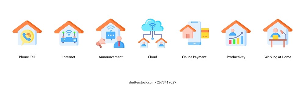 Digital Communication ilustração de vetor de banner da Web com Telefonema, Internet, Anúncio, Nuvem, Pagamento Online, Produtividade e Trabalho em Casa.
