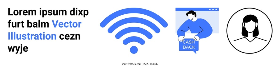 Comunicación digital, conectividad inalámbrica, pagos en línea, comercio electrónico, perfil de usuario, intercambio de datos. icono inalámbrico, concepto de devolución de dinero y un icono de perfil genérico. Conectividad y pagos en línea