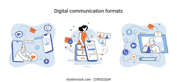 Digital communications formats. Chat messages smartphone, Sms on mobile phone screen, computer application. Chatting, messaging using chat app or social network. Persons cellphone metaphor