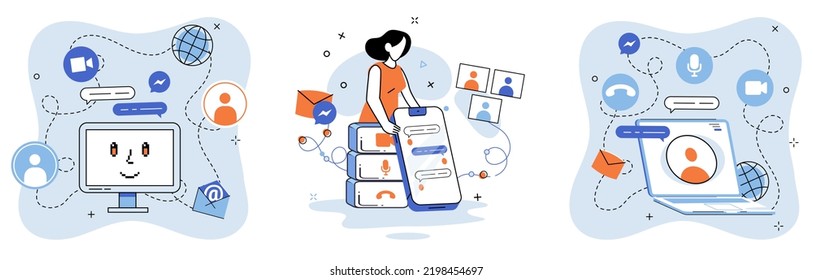 Digital communications formats. Chat messages smartphone, Sms on mobile phone screen, computer application. Chatting, messaging using chat app or social network. Persons cellphone metaphor