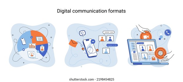 Digital communications formats. Chat messages smartphone, Sms on mobile phone screen, computer application. Chatting, messaging using chat app or social network. Persons cellphone metaphor