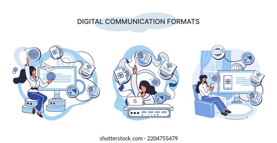 Digital communications formats. Chat messages smartphone, Sms on mobile phone screen, computer application. Chatting, messaging using chat app or social network. Persons cellphone metaphor