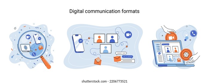 Formatos de comunicación digital. Mensajes de chat smartphone, Sms en pantalla de teléfono móvil, aplicación de computadora. Chateo, mensajería usando aplicación de chat o red social. Metáfora de teléfono móvil de personas