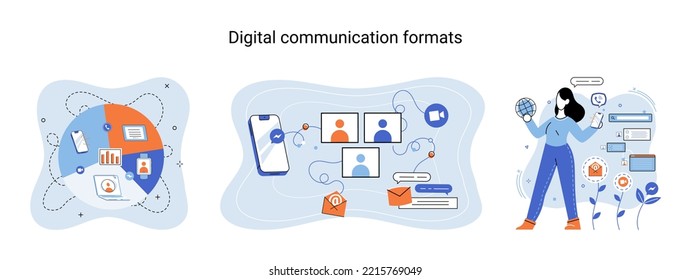 Formatos de comunicación digital. Mensajes de chat smartphone, Sms en pantalla de teléfono móvil, aplicación de computadora. Chateo, mensajería usando aplicación de chat o red social. Metáfora de teléfono móvil de personas