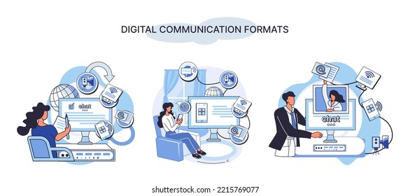 Digital communications formats. Chat messages smartphone, Sms on mobile phone screen, computer application. Chatting, messaging using chat app or social network. Persons cellphone metaphor