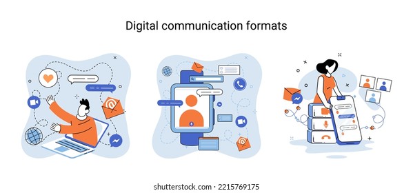 Digital communications formats. Chat messages smartphone, Sms on mobile phone screen, computer application. Chatting, messaging using chat app or social network. Persons cellphone metaphor