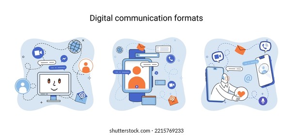 Digital communications formats. Chat messages smartphone, Sms on mobile phone screen, computer application. Chatting, messaging using chat app or social network. Persons cellphone metaphor