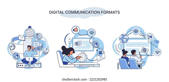 Digital communications formats. Chat messages smartphone, Sms on mobile phone screen, computer application. Chatting, messaging using chat app or social network. Persons cellphone metaphor