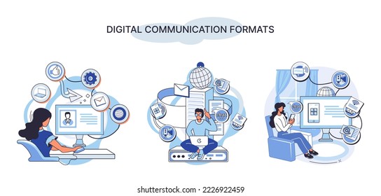 Digital communications formats. Chat messages smartphone, Sms on mobile phone screen, computer application. Chatting, messaging using chat app or social network. Persons cellphone metaphor
