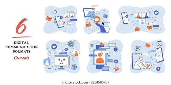 Digital communications formats. Chat messages smartphone, Sms on mobile phone screen, computer application. Chatting, messaging using chat app or social network. Persons cellphone metaphor