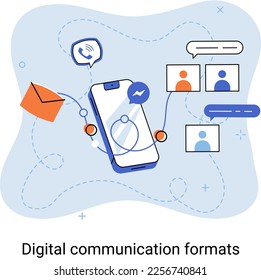Digital communications formats. Chat messages smartphone, Sms on mobile phone screen, computer application. Chatting, messaging using chat app or social network. Persons cellphone metaphor