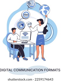 Digital communications formats. Chat messages smartphone, Sms on mobile phone screen, computer application. Chatting, messaging using chat app or social network. Persons cellphone metaphor