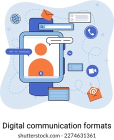 Digital communications formats. Chat messages smartphone, Sms on mobile phone screen, computer application. Chatting, messaging using chat app or social network. Persons cellphone metaphor